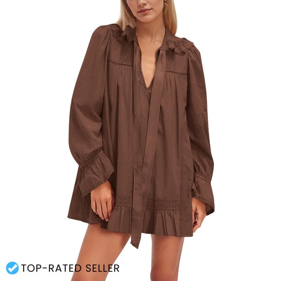 Dresses & Skirts - V-Neck Babydoll Dress Lace Trim Puff Sleeve Flowy Mini A-Line Tunic